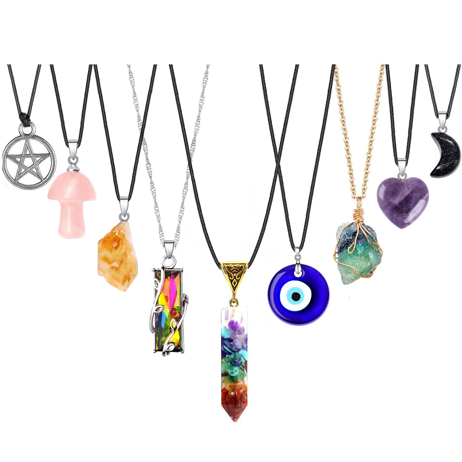 MJartoria Moon Pentagram Necklace Pentacle Crystal Chakra Necklace Charm Pendant Multi Layered Alloy Chain Choker Necklaces Set Gothic Jewelry 9PCS