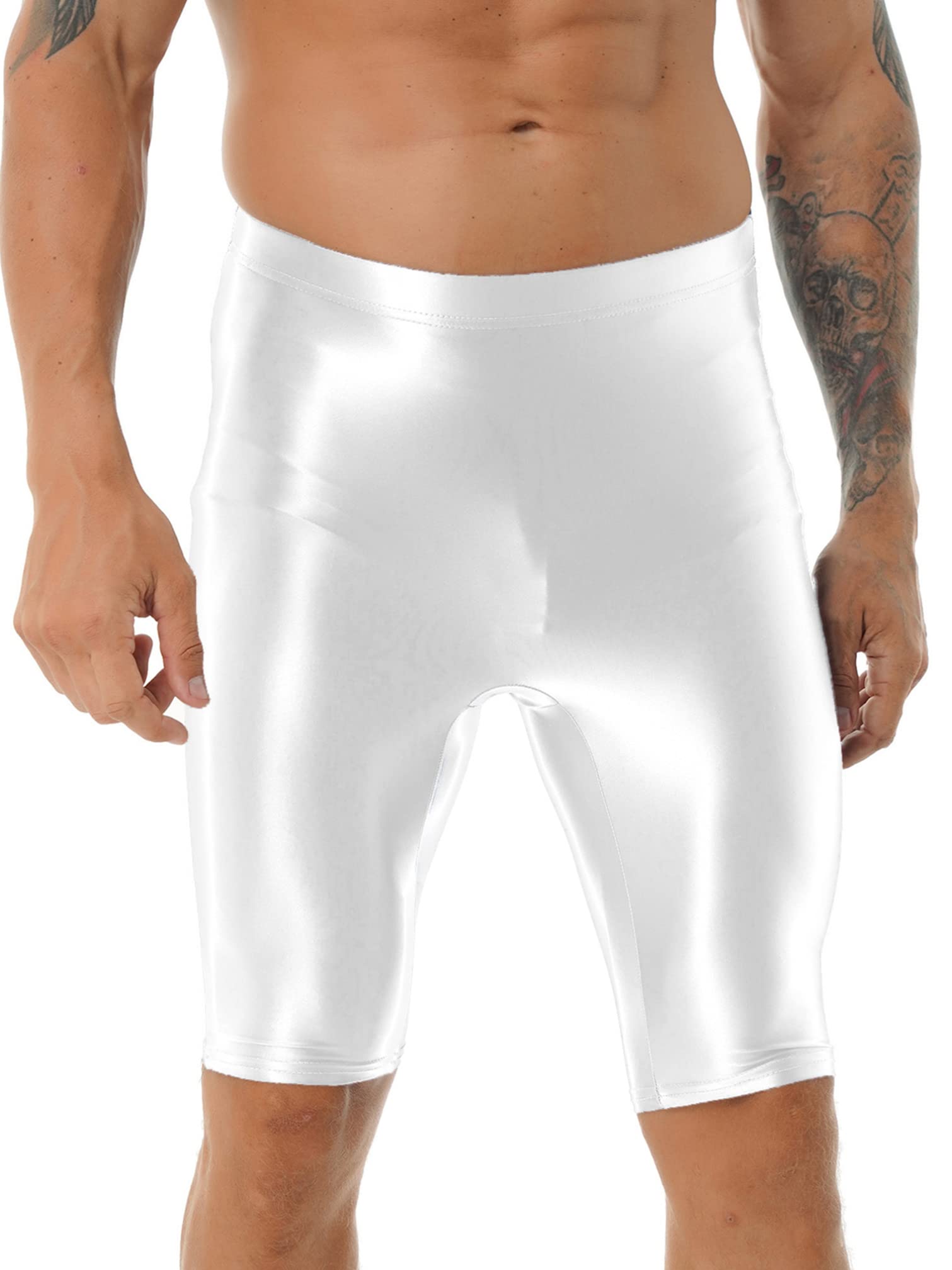 iiniim Men's Dry Fit Running Compression Tight Sport Short Pants Shiny Glossy Spandex Seamless Leggings White X-Large