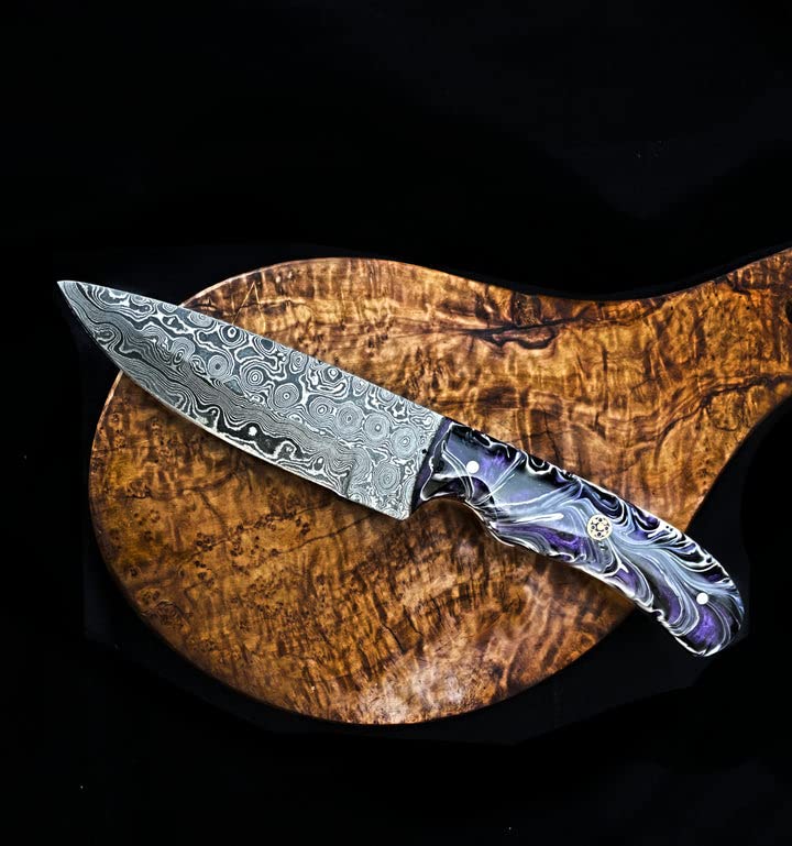 Titan International Knives Damascus Steel Fixed Blade Hunting and Skinning Knife | Handmade 1095 4340 Carbon Mix Hand Pounded | Stabilized Acrylic Handle includes Leather Sheath