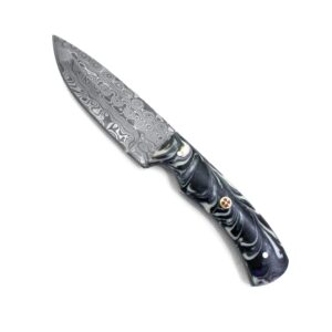 Titan International Knives Damascus Steel Fixed Blade Hunting and Skinning Knife | Handmade 1095 4340 Carbon Mix Hand Pounded | Stabilized Acrylic Handle includes Leather Sheath