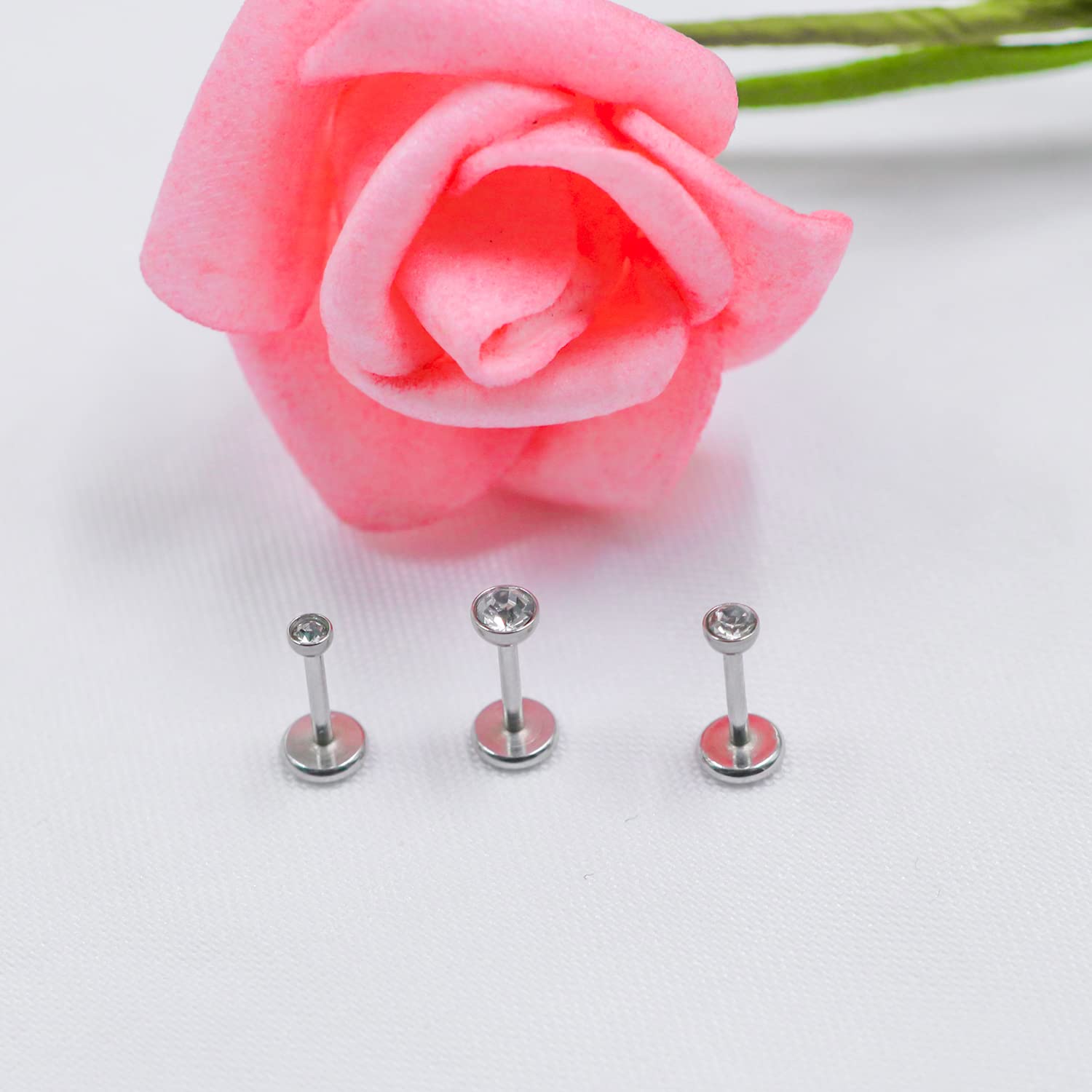 FLOGWE Implant Grade Titanium Lip Stud Rings 20G 6mm Barbell Threadless Push-in Flat Back Nose Stud Ring Earring Stud CZ 2mm 2.5mm 3mm Piercing Jewelry