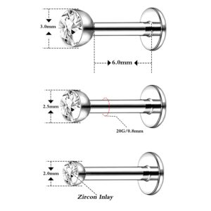 FLOGWE Implant Grade Titanium Lip Stud Rings 20G 6mm Barbell Threadless Push-in Flat Back Nose Stud Ring Earring Stud CZ 2mm 2.5mm 3mm Piercing Jewelry