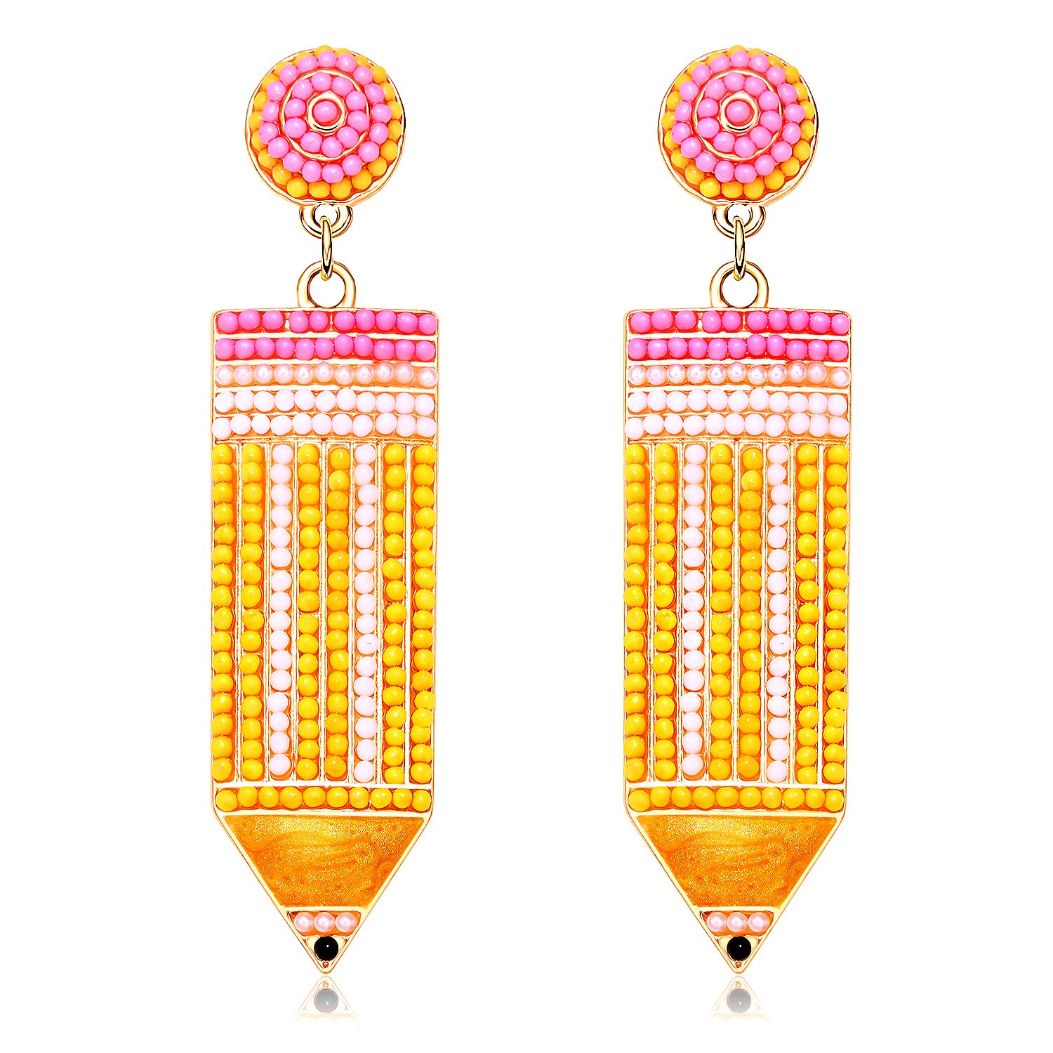 Teacher Earrings Beaded Pencil Earrings for Women Handmade Beaded Dangle Drop Earrings Back To School Teacher Appreciation Gift (Yellow)