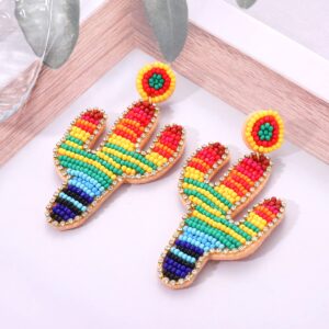 Cinco De Mayo Fiesta Earrings Boho Beaded Cactus Drop Earrings Rhinestone Cactus Earrings Rainbow Beaded Earrings Pride Earrings for Men Jewelry (Cactus)