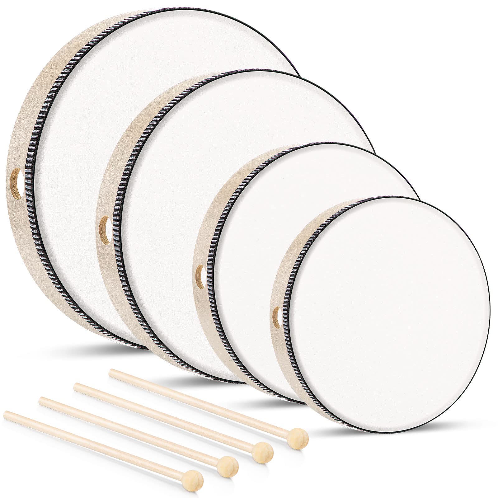 4 Pcs Kids Hand Drum Adults Wood Frame Drum Set with Drum Stick 12 Inch 10 Inch 8 Inch 6 Inch Percussion Musical Instruments for School Kids Adults Beginners Home Party Supplies (Wood Colors)