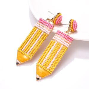 Teacher Earrings Beaded Pencil Earrings for Women Handmade Beaded Dangle Drop Earrings Back To School Teacher Appreciation Gift (Yellow)