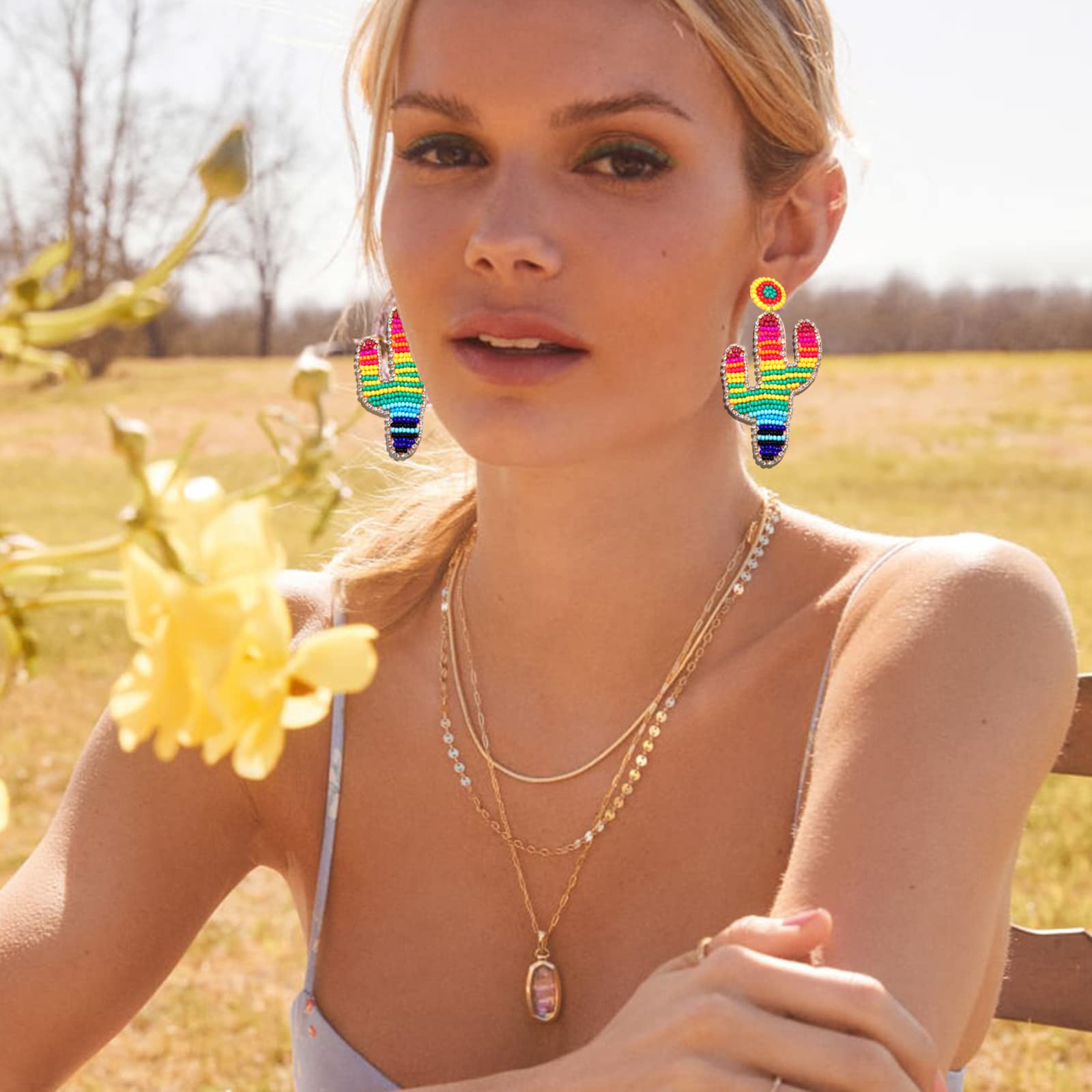 Cinco De Mayo Fiesta Earrings Boho Beaded Cactus Drop Earrings Rhinestone Cactus Earrings Rainbow Beaded Earrings Pride Earrings for Men Jewelry (Cactus)