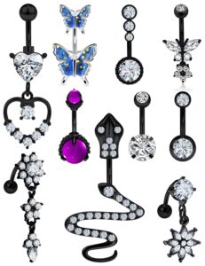 eakxnig 14g belly button ring stainless steel dangle belly rings snake glow dark round cubic zirconia navel barbell body piercing jewelry for women 3/8inch 10mm silver,rose,purple,black men belly ring