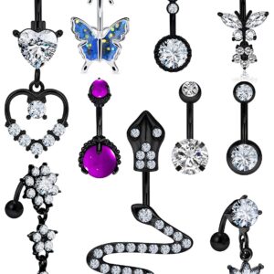 Eakxnig 14G Belly Button Ring Stainless steel Dangle Belly rings Snake Glow Dark Round Cubic Zirconia Navel Barbell Body Piercing Jewelry For Women 3/8inch 10mm silver,rose,purple,black men belly ring