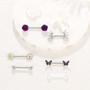 Shakalaka Surgical Steel Nipple Rings Body Piercing Jewelry for Women with Cute Daisy Flower Butterfly Ball Purple 14g