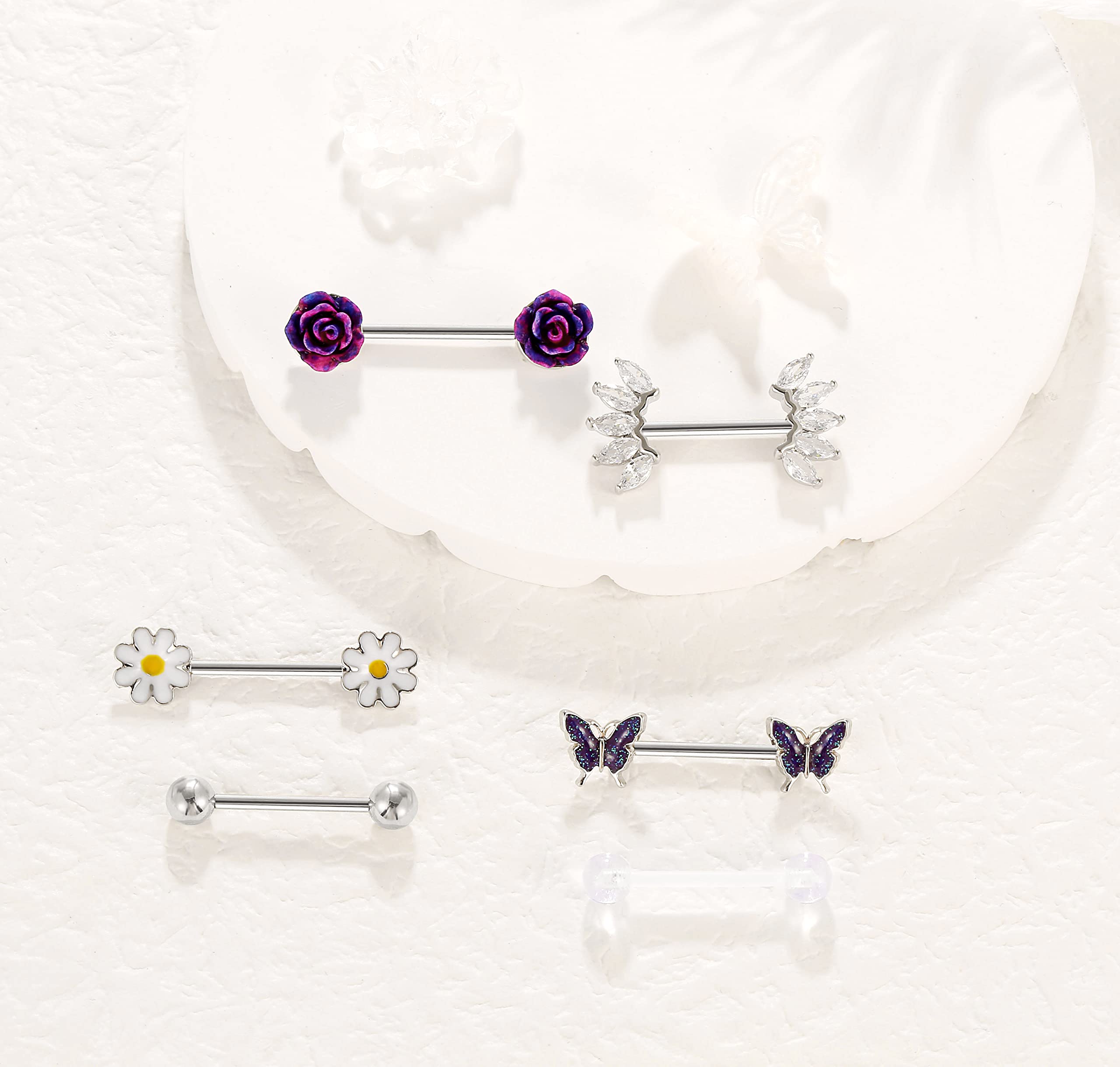 Shakalaka Surgical Steel Nipple Rings Body Piercing Jewelry for Women with Cute Daisy Flower Butterfly Ball Purple 14g