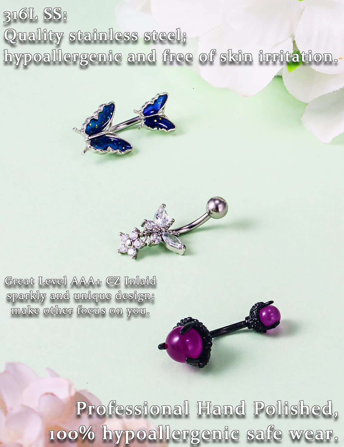 Eakxnig 14G Belly Button Ring Stainless steel Dangle Belly rings Snake Glow Dark Round Cubic Zirconia Navel Barbell Body Piercing Jewelry For Women 3/8inch 10mm silver,rose,purple,black men belly ring