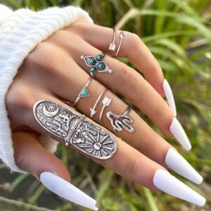 YANCHUN Turquoise Stackable Finger Ring Set Boho Knuckle Rings Midi Joint Carved Rings Western Jewelry for Women