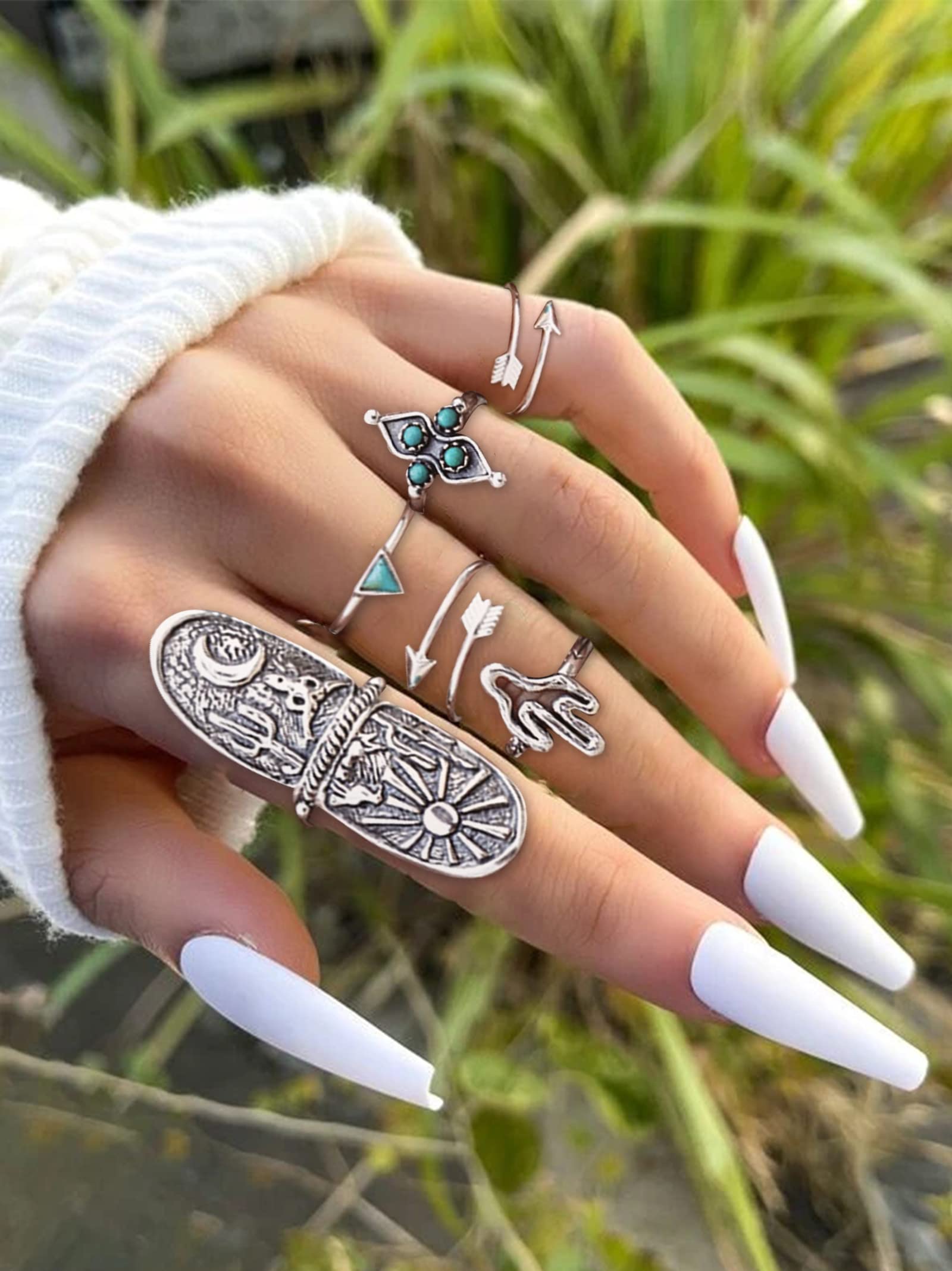 YANCHUN Turquoise Stackable Finger Ring Set Boho Knuckle Rings Midi Joint Carved Rings Western Jewelry for Women