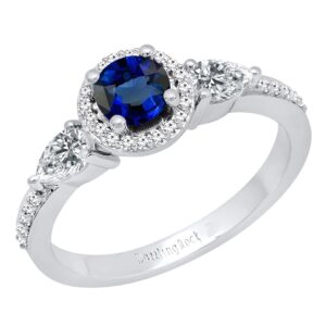 Dazzlingrock Collection 14K 5 MM Round Lab Created Blue Sapphire, Pear White Sapphire & Round Diamond Women 3 Stone Ring, White Gold, Size 6