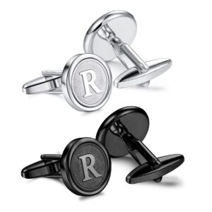 ORAZIO Cufflinks For Men Engraved Initials Cufflinks Silver Black Set Stainless Steel Tuxedo Shirt Cuff Links Letter Alphabet A-Z Gift With Box For Wedding,Dad,Groom,Groommen,Husband(R)