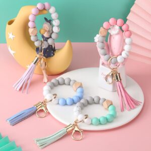 Otuuz 4 Pcs Women Macaron Color Key Ring Bracelets Wristlet Bead Keychain Leather Tassel Keychain Elastic Beaded Bracelet Portable Wristlet Bangle Keychain for Car Key Holder