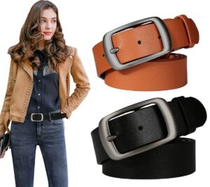 ssumday 2 pack women's womens girl female ladies black brown waist leather belts for jeans pants dress dresses with fashion pin buckle(rzkbr-l)