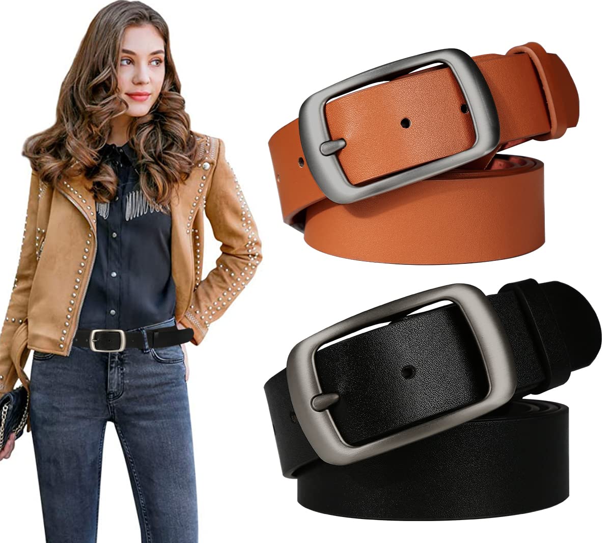 Ssumday 2 Pack Women's Womens Girl Female Ladies Black Brown Waist Leather Belts for Jeans Pants Dress Dresses with Fashion Pin Buckle(RZKBR-L)