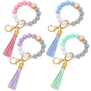 Otuuz 4 Pcs Women Macaron Color Key Ring Bracelets Wristlet Bead Keychain Leather Tassel Keychain Elastic Beaded Bracelet Portable Wristlet Bangle Keychain for Car Key Holder