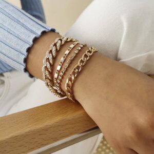 Sither 4 Pcs Chain Bracelet Set for Women Cuba Link Bracelet Pack Punk Gold Crystal Chain Bracelets Jewelry for Gift Halloween Christmas (gold)