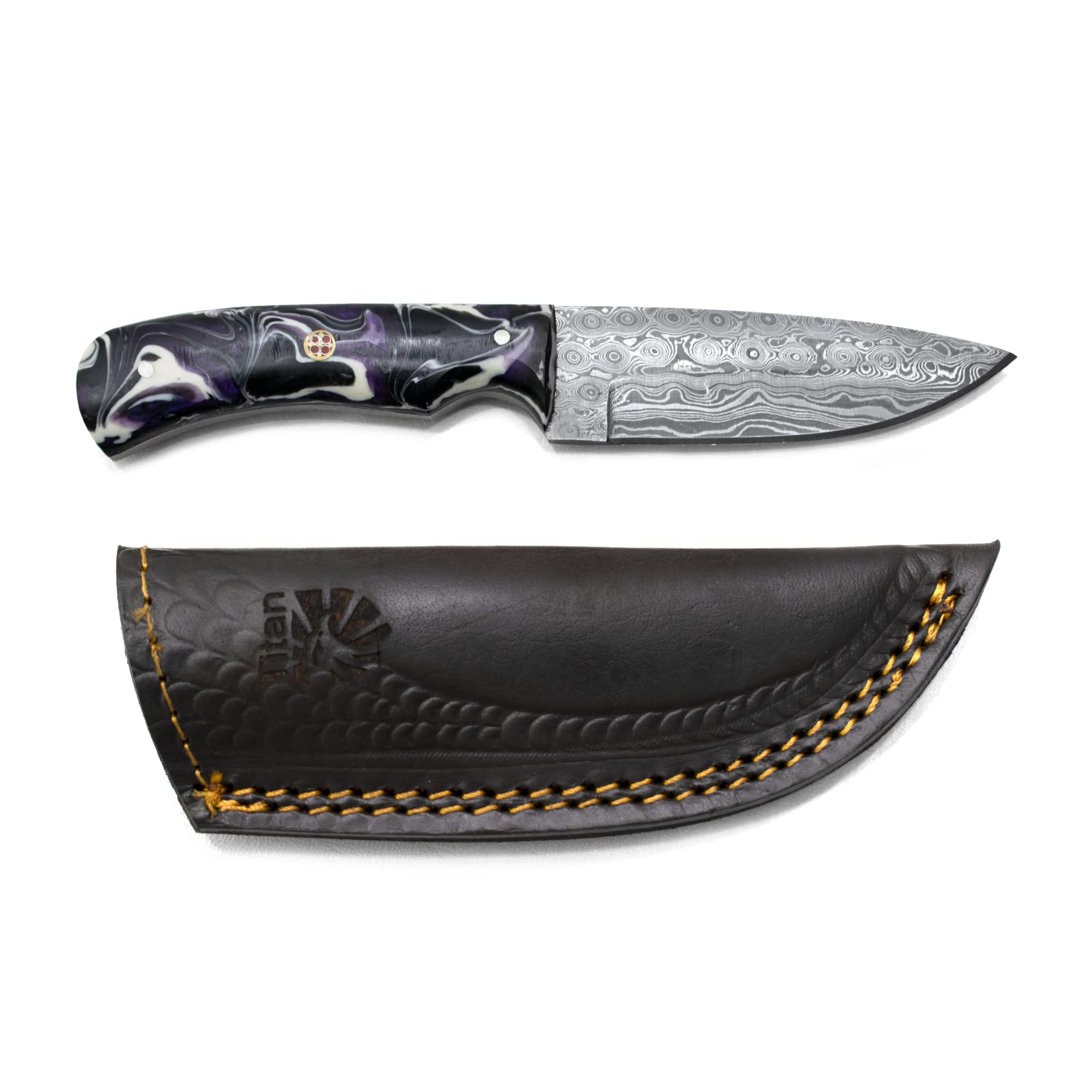 Titan International Knives Damascus Steel Fixed Blade Hunting and Skinning Knife | Handmade 1095 4340 Carbon Mix Hand Pounded | Stabilized Acrylic Handle includes Leather Sheath