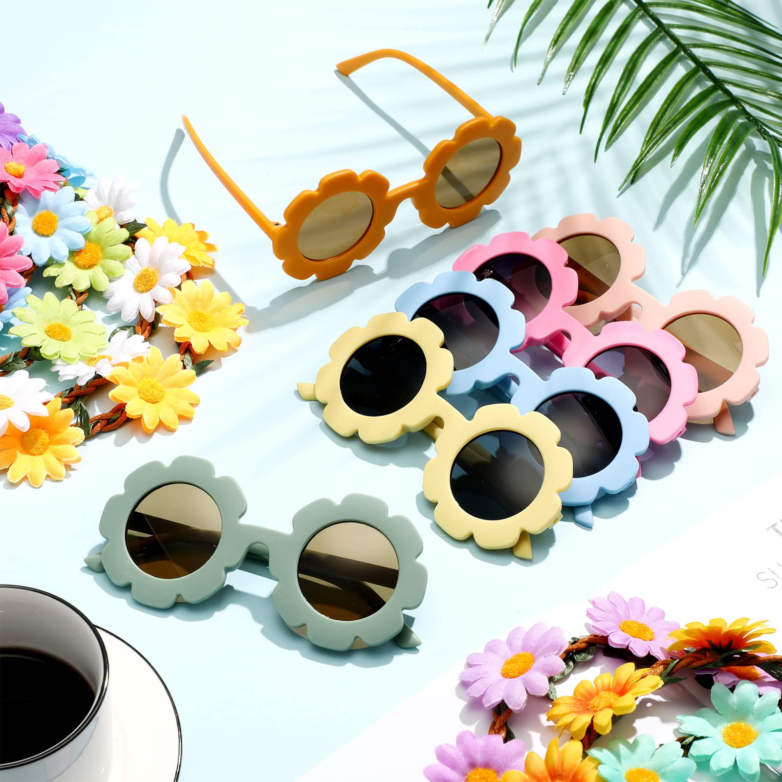 Chumia 24Pcs Retro Flower Sunglasses Hippie Headbands Set Groovy Decors 12pcs Multicolor Daisy Headbands 12pcs Sunglasses (Flower)