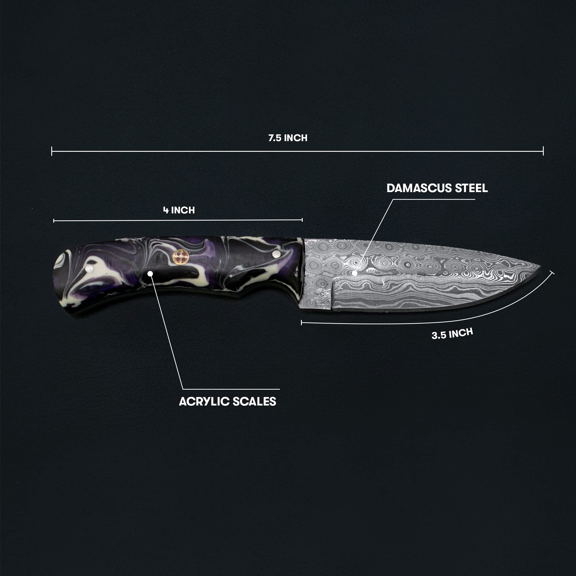 Titan International Knives Damascus Steel Fixed Blade Hunting and Skinning Knife | Handmade 1095 4340 Carbon Mix Hand Pounded | Stabilized Acrylic Handle includes Leather Sheath