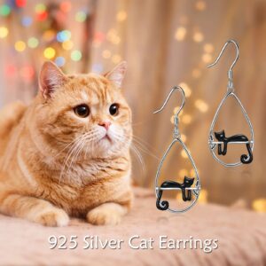 YFN Black Cat Earrings Sterling Silver Black Cat Dangle Drop Earrings Jewelry Cat Gifts for Women