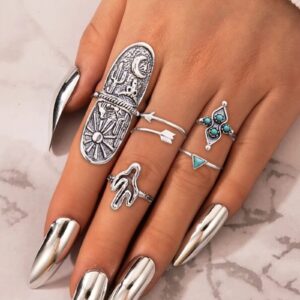 YANCHUN Turquoise Stackable Finger Ring Set Boho Knuckle Rings Midi Joint Carved Rings Western Jewelry for Women