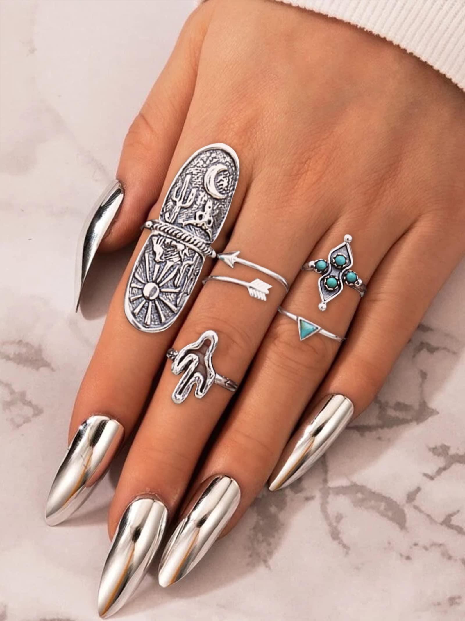 YANCHUN Turquoise Stackable Finger Ring Set Boho Knuckle Rings Midi Joint Carved Rings Western Jewelry for Women