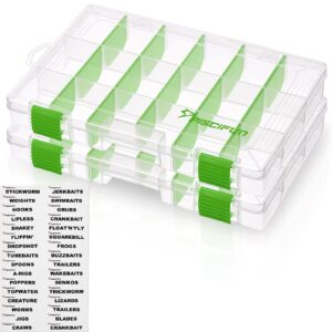 piscifun fishing tackle boxes, tackle trays with waterproof labels and removable dividers, 3600 bpa-free plastic clear fishing storage organizer boxes for lures, 2 packs