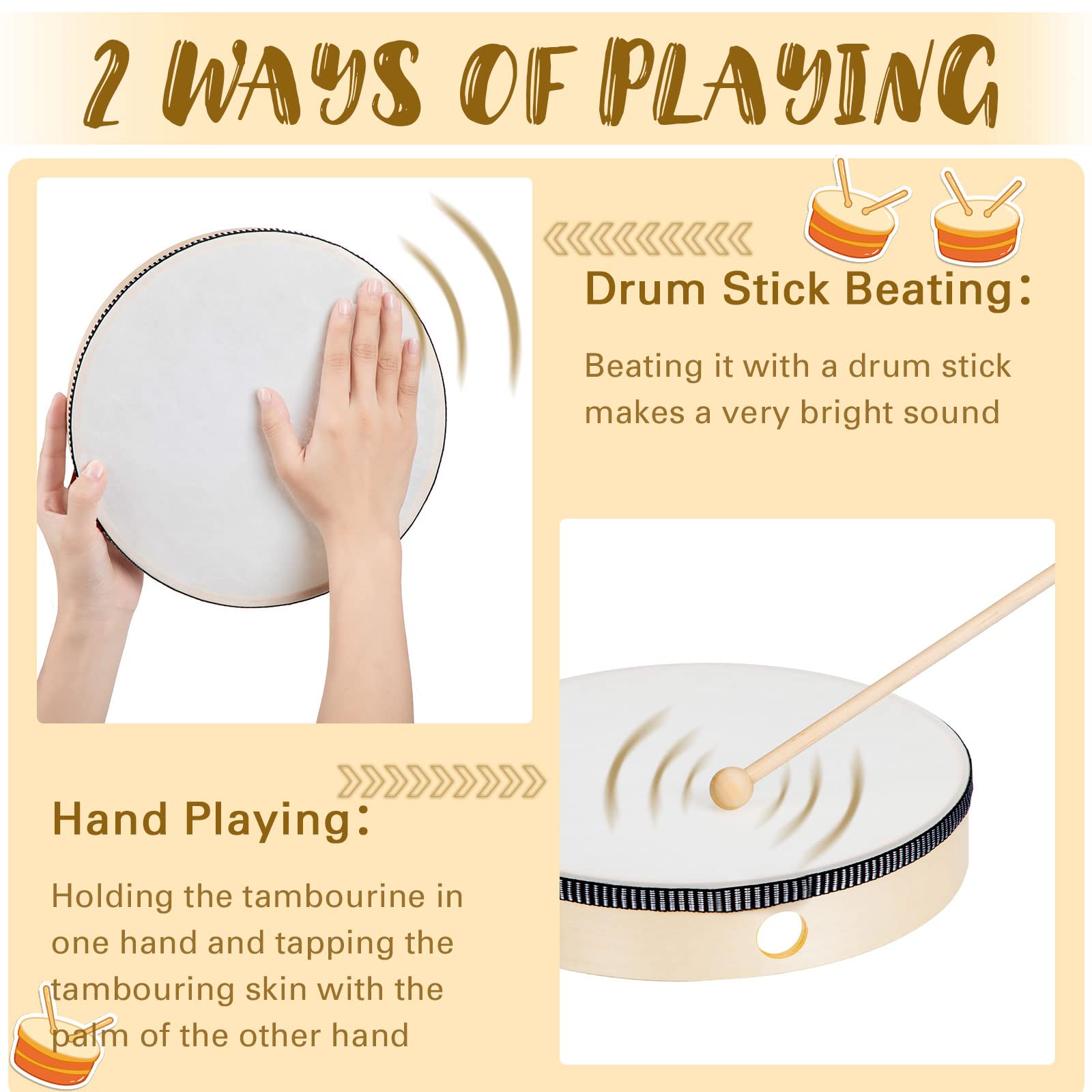 4 Pcs Kids Hand Drum Adults Wood Frame Drum Set with Drum Stick 12 Inch 10 Inch 8 Inch 6 Inch Percussion Musical Instruments for School Kids Adults Beginners Home Party Supplies (Wood Colors)