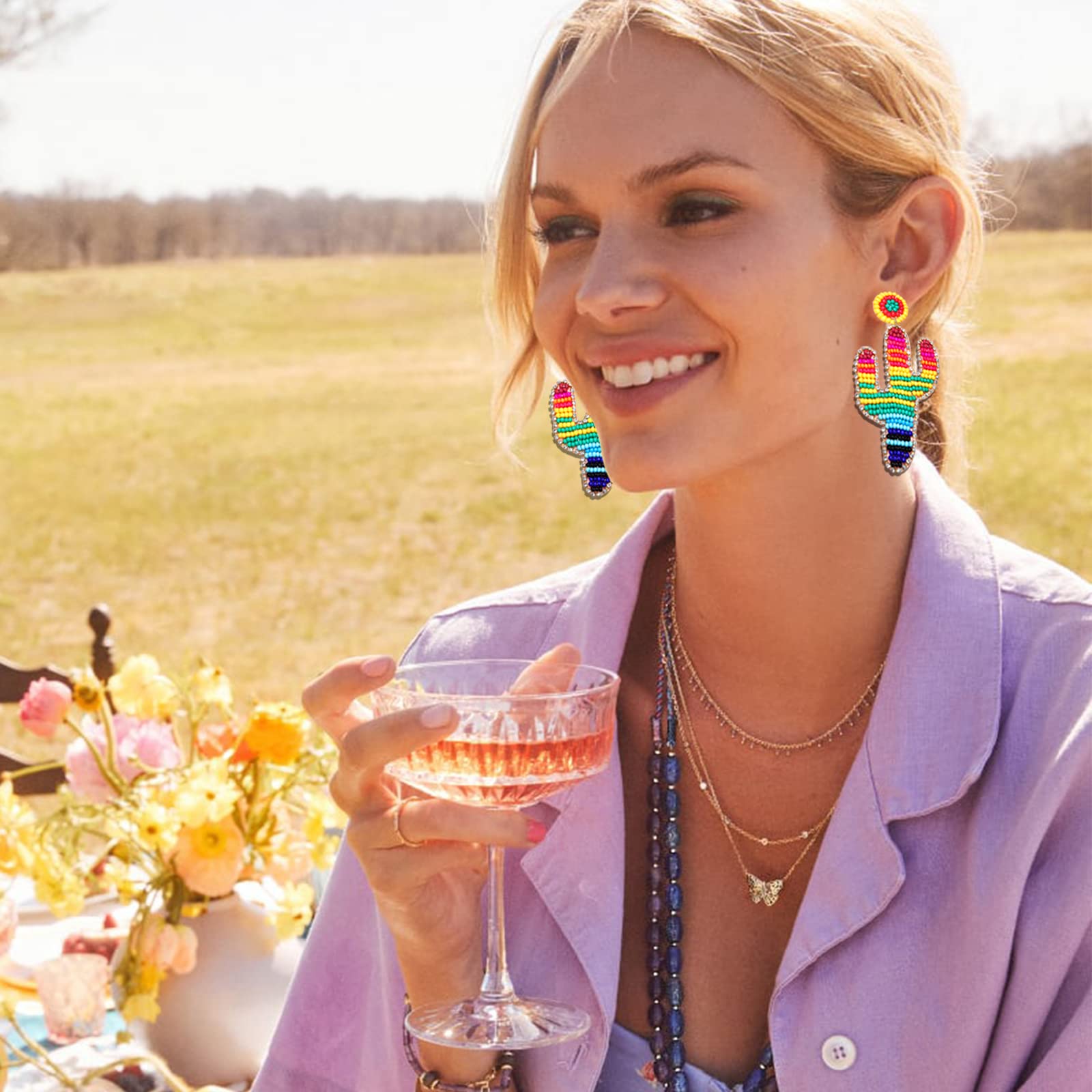 Cinco De Mayo Fiesta Earrings Boho Beaded Cactus Drop Earrings Rhinestone Cactus Earrings Rainbow Beaded Earrings Pride Earrings for Men Jewelry (Cactus)