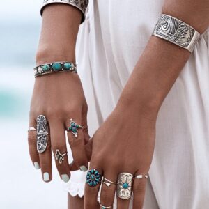 YANCHUN Turquoise Stackable Finger Ring Set Boho Knuckle Rings Midi Joint Carved Rings Western Jewelry for Women