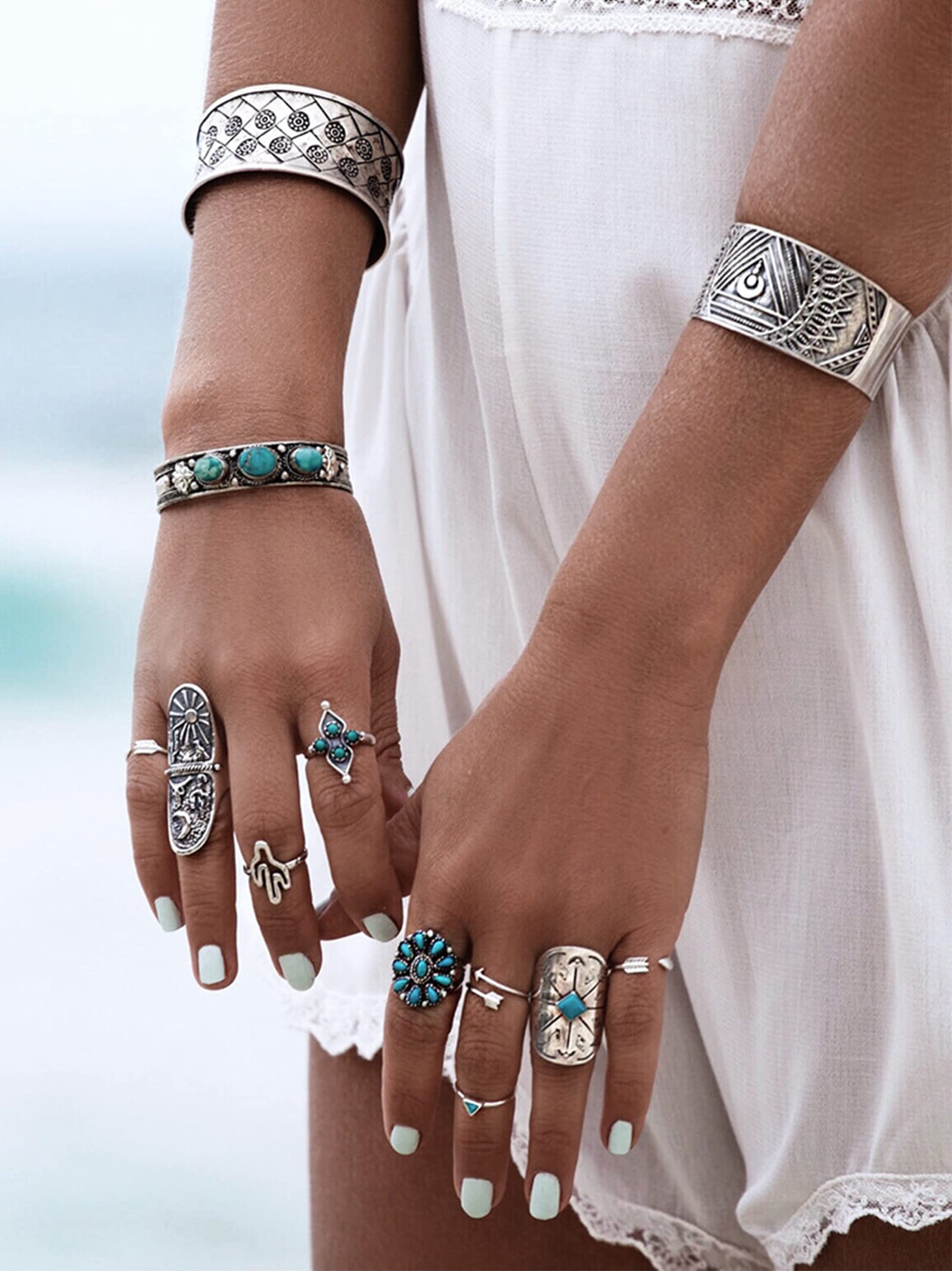 YANCHUN Turquoise Stackable Finger Ring Set Boho Knuckle Rings Midi Joint Carved Rings Western Jewelry for Women