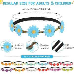 Chumia 24Pcs Retro Flower Sunglasses Hippie Headbands Set Groovy Decors 12pcs Multicolor Daisy Headbands 12pcs Sunglasses (Flower)