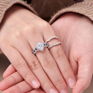 Newshe Engagement Wedding Ring Set 925 Sterling Silver 3pcs 3.0ct Pear Shape White Cz Blue Gemstone Size 7