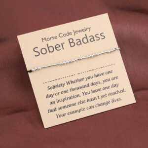 PLITI Sobriety Gift Addiction Recovery Gift 12 Step Gift Sober Badass Morse code Bracelet Sober Milestone Gift AA Alcoholics Anonymous Gift (sober morse bg)