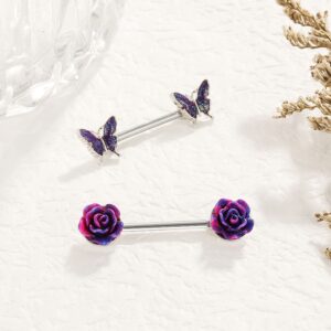 Shakalaka Surgical Steel Nipple Rings Body Piercing Jewelry for Women with Cute Daisy Flower Butterfly Ball Purple 14g