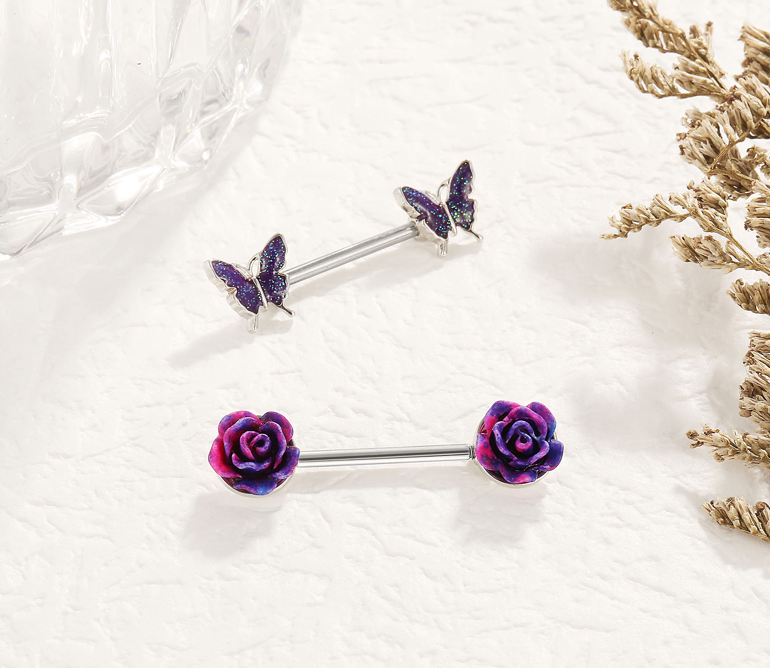 Shakalaka Surgical Steel Nipple Rings Body Piercing Jewelry for Women with Cute Daisy Flower Butterfly Ball Purple 14g