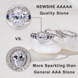 Newshe Engagement Wedding Ring Set 925 Sterling Silver 3pcs 3.0ct Pear Shape White Cz Blue Gemstone Size 7