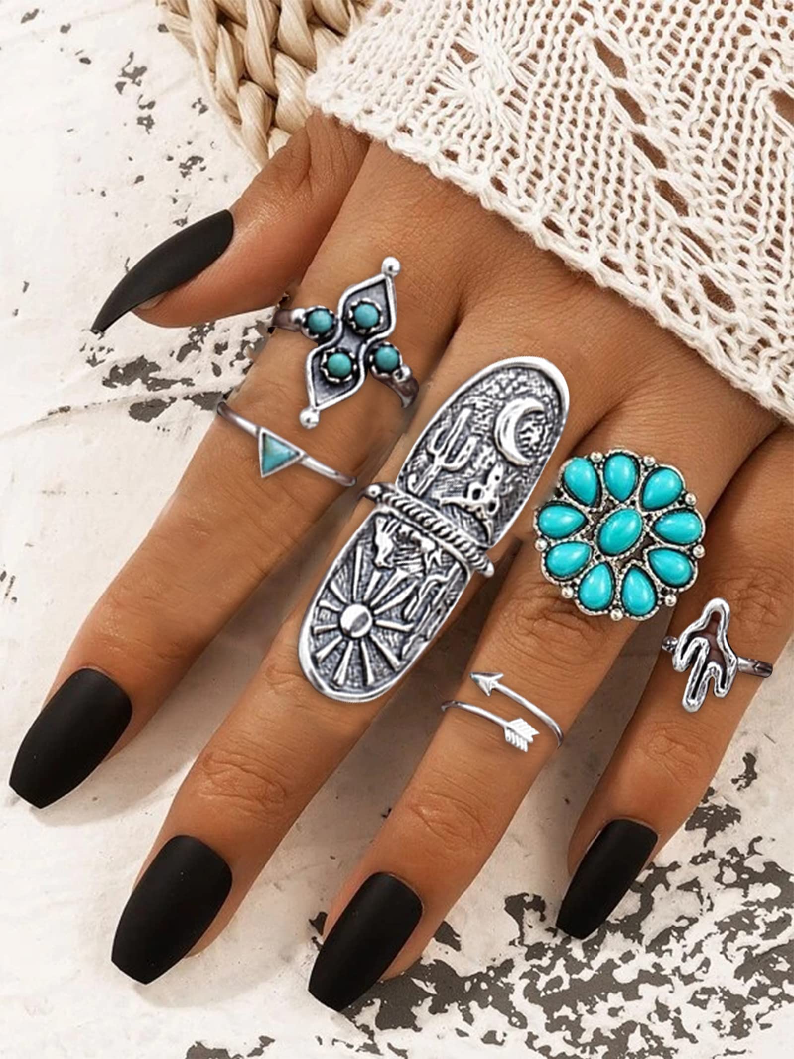 YANCHUN Turquoise Stackable Finger Ring Set Boho Knuckle Rings Midi Joint Carved Rings Western Jewelry for Women