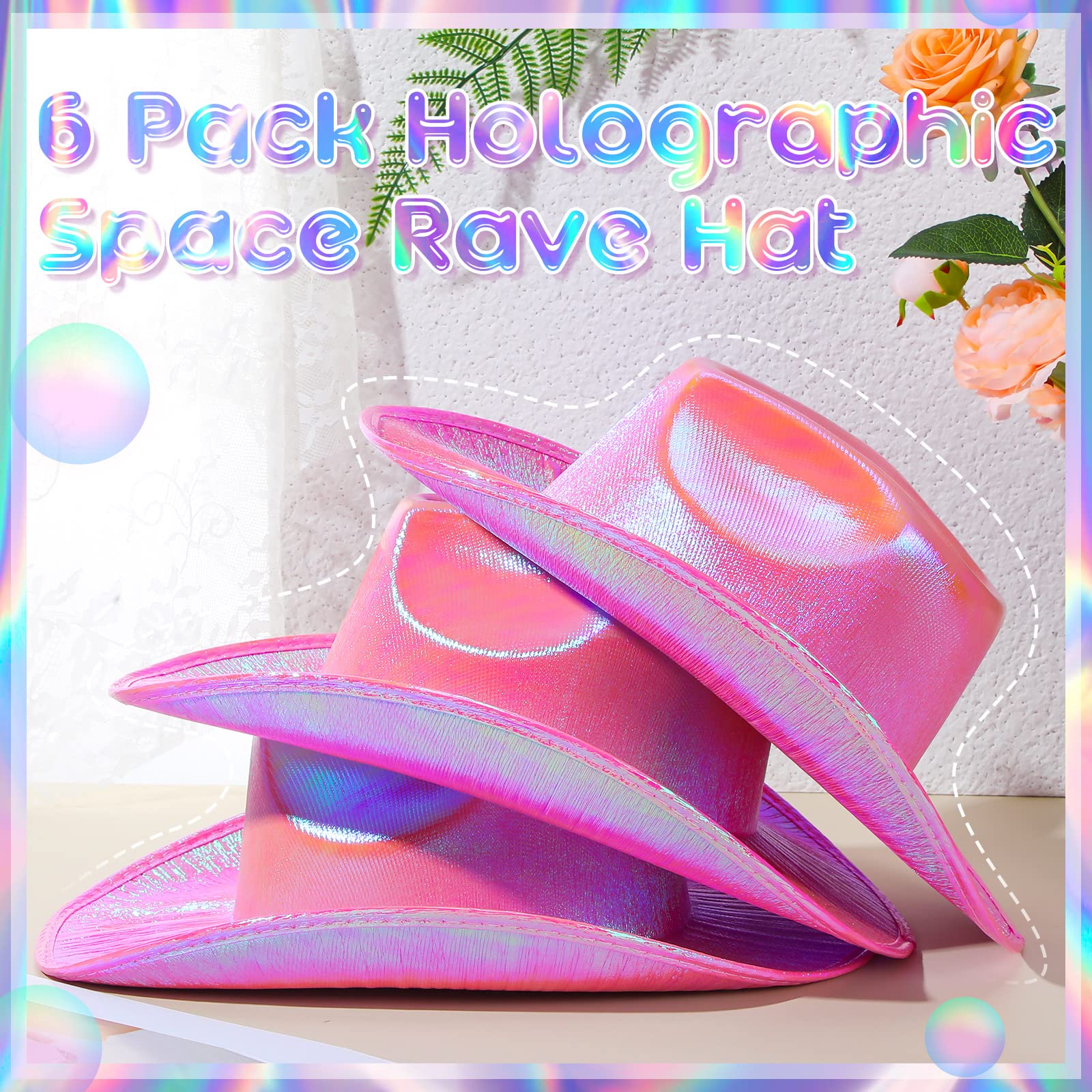 Geyoga 6 Pcs Holographic Pink Cowboy Hats Neon Sparkly Space Cowgirl Hats Glitter Cowboy Hats for Women Disco Party Costume