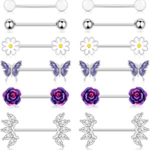 Shakalaka Surgical Steel Nipple Rings Body Piercing Jewelry for Women with Cute Daisy Flower Butterfly Ball Purple 14g