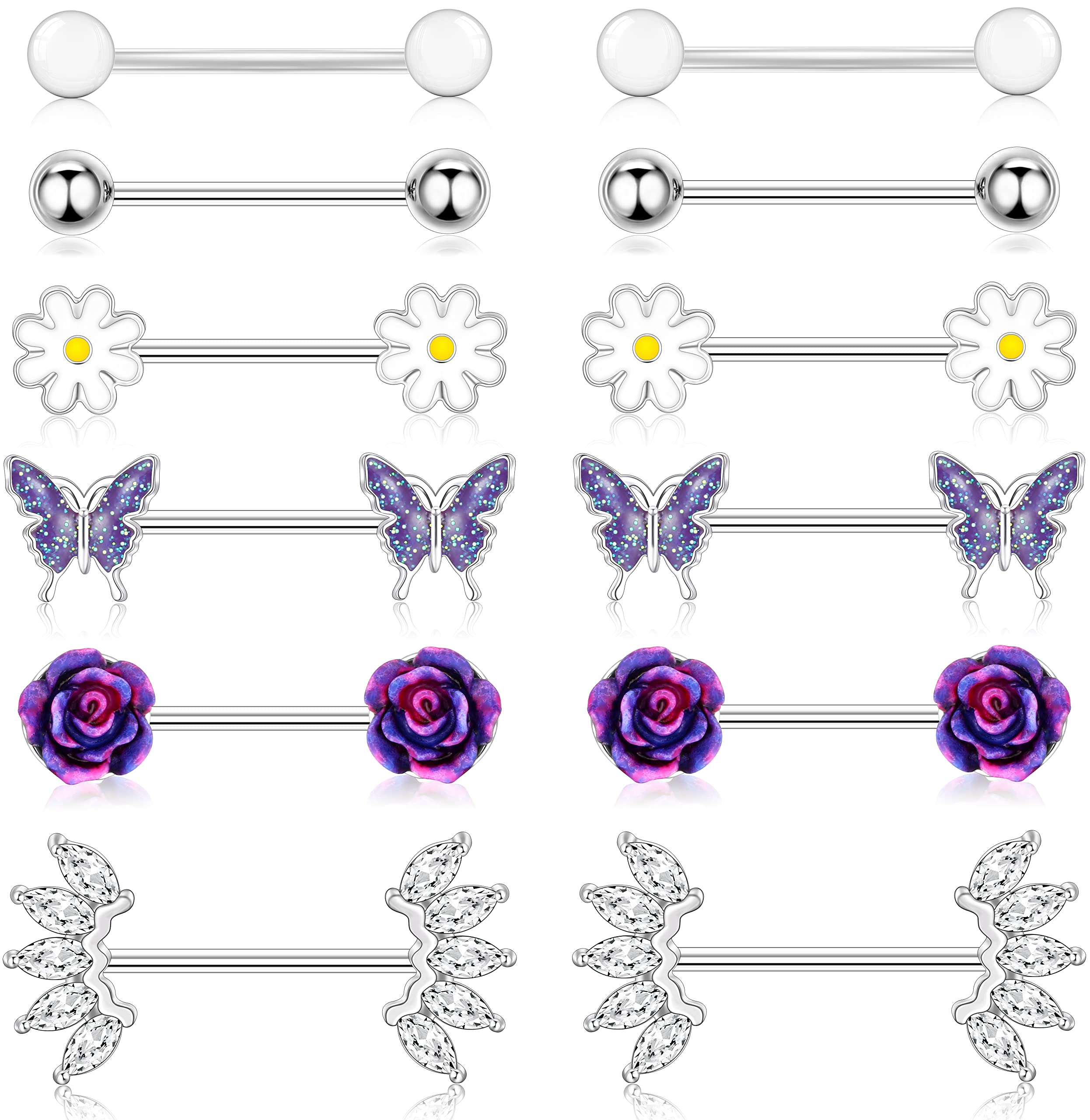 Shakalaka Surgical Steel Nipple Rings Body Piercing Jewelry for Women with Cute Daisy Flower Butterfly Ball Purple 14g