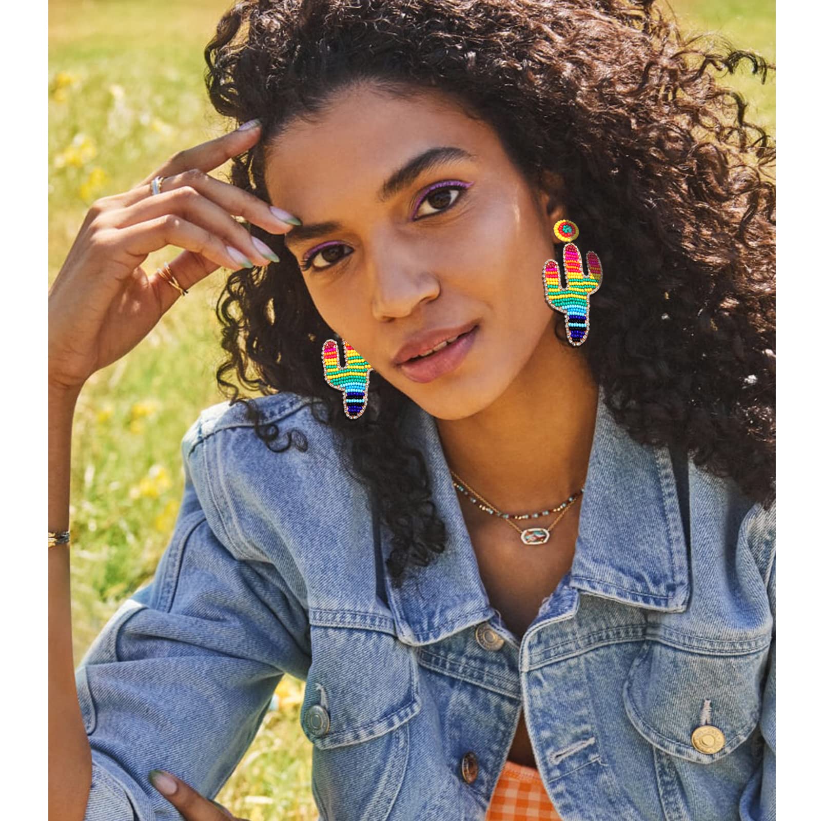 Cinco De Mayo Fiesta Earrings Boho Beaded Cactus Drop Earrings Rhinestone Cactus Earrings Rainbow Beaded Earrings Pride Earrings for Men Jewelry (Cactus)