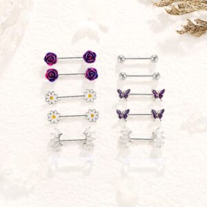 Shakalaka Surgical Steel Nipple Rings Body Piercing Jewelry for Women with Cute Daisy Flower Butterfly Ball Purple 14g