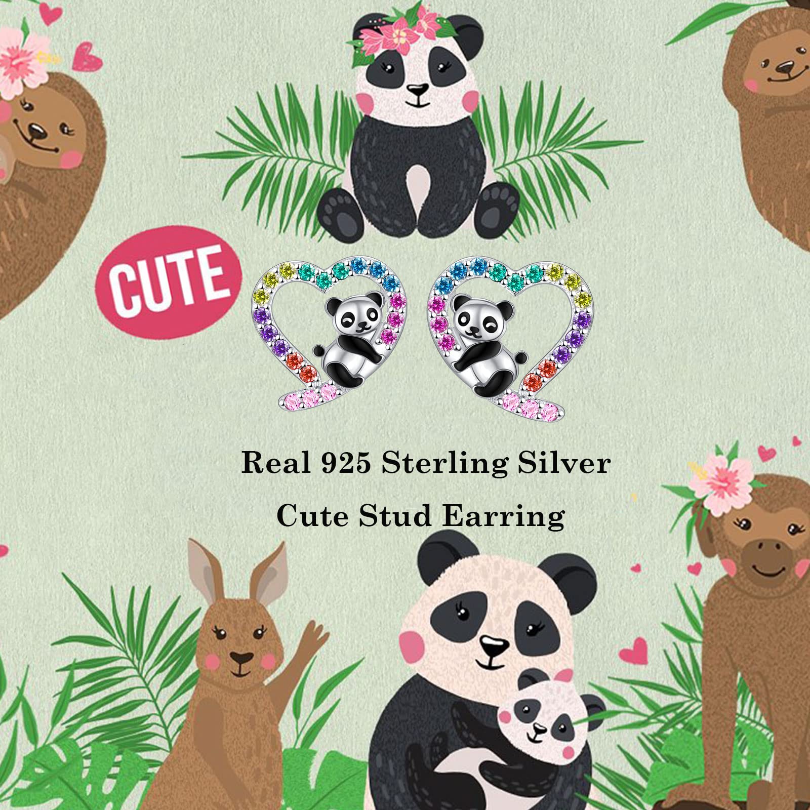 Hypoallergenic Panda Earrings for Girls Women 925 Sterling Silver Heart Stud Earring for Sensitive Ears Panda Gifts for Girls Christmas Jewelry.