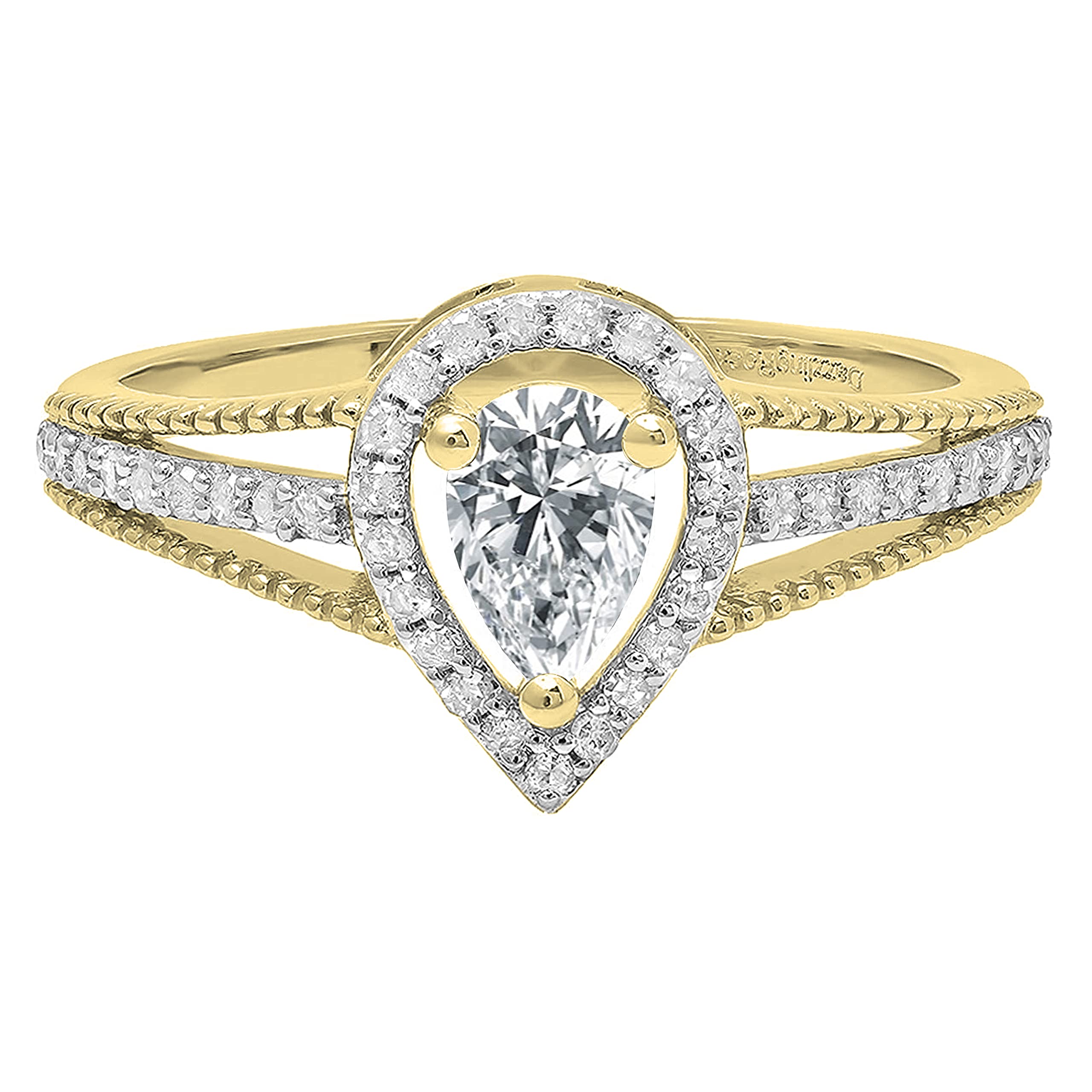 Dazzlingrock Collection 18K 6X4 MM Pear Lab Created White Sapphire & Round Diamond Bridal Halo Ring, Yellow Gold, Size 7.5